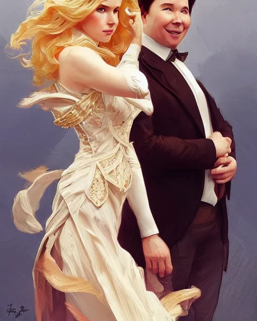 Image similar to Portrait of a  blonde lady and Michael mcintyre with Dogtanian, intricate, elegant, highly detailed, artstation, concept art, smooth, sharp focus, art by artgerm and greg rutkowski and alphonse mucha