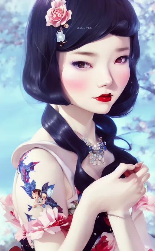 Image similar to a pin up and beautiful fashion and charming and dreamlke japan girl with lv jewelry, character art, art by artgerm lau and kyoung hwan kim and and ilya kuvshinov and john singer sargent, hyperdetailed, 8 k realistic, symmetrical, frostbite 3 engine, cryengine, dof, trending on artstation, digital art