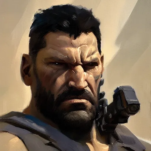 Image similar to greg manchess portrait painting of light frank castle aka punisher as overwatch character, medium shot, asymmetrical, profile picture, organic painting, sunny day, matte painting, bold shapes, hard edges, street art, trending on artstation, by huang guangjian and gil elvgren and sachin teng