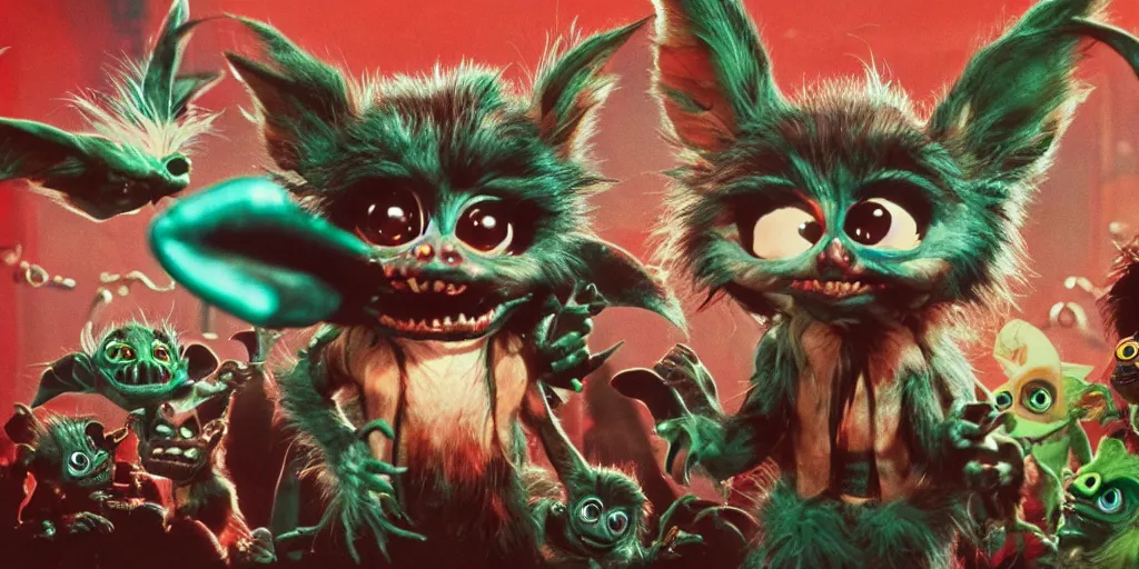 Prompt: Gremlins movie, the gremlins are high on mdma, trending on Artstation, 8K, ultra wide angle, pincushion lens effect