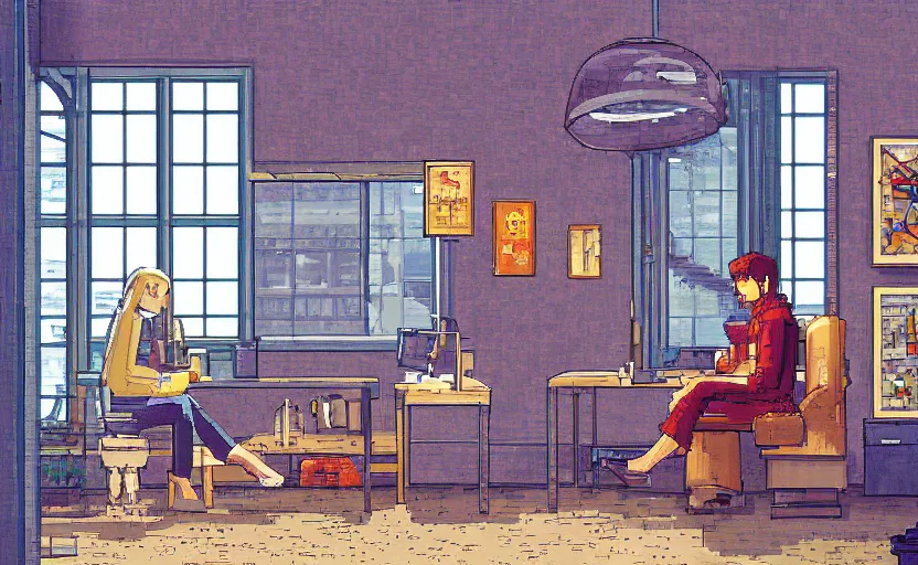 Image similar to Pulp-novel Character sitting and relaxing in front of their work desk in their cozy room as a peaceful rainy city scene is seen through the room's window. Smooth Highly detailed masterpiece pixel-art. in the style of Close Highly detailed masterpiece professional artistry Sega, Namco, Neogeo, Capcom artist's Pixel-art. Trending on artstation. Slice-of-life genre art. Balanced colors and lighting scheme by James Gurney and artgerm. In the style of a 'Music to chill/study' to youtube video.