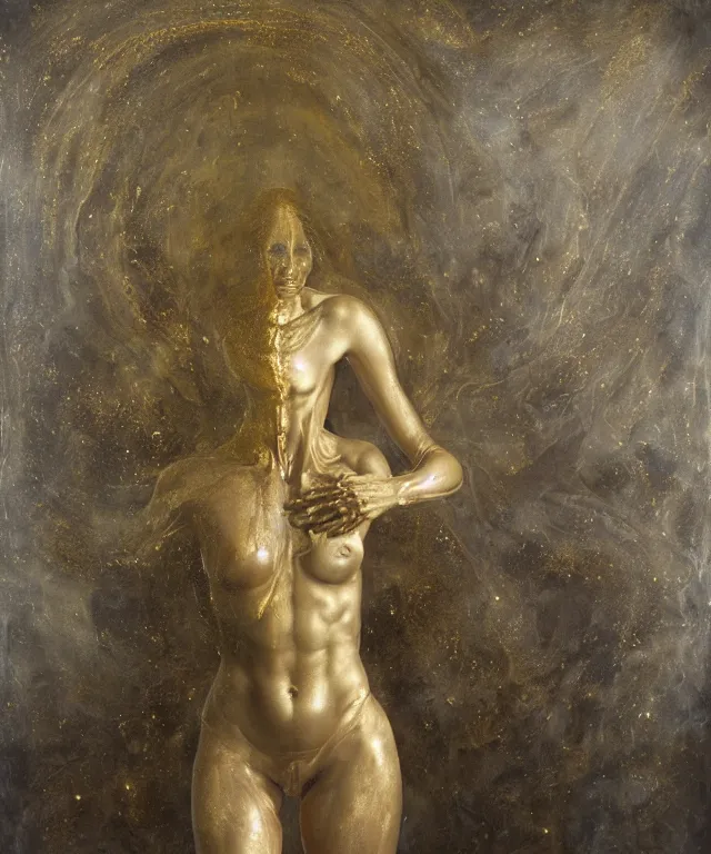 Image similar to Beautiful full-body wax sculpture of glowing transparent woman with visible gold bones covered with melted white wax inside the singularity where stars becoming baroque folds of dark matter by Michelangelo da Caravaggio, Nicola Samori, William Blake, Alex Grey and Beksinski, dramatic volumetric lighting, highly detailed oil painting, 8k, masterpiece