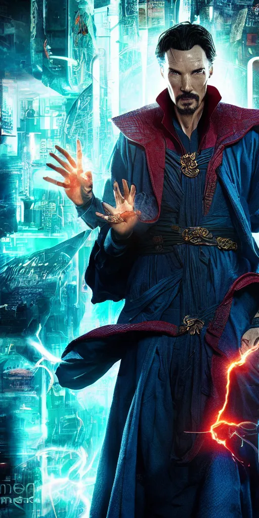 Image similar to cyberpunk, dr strange, photograph, cinematic,