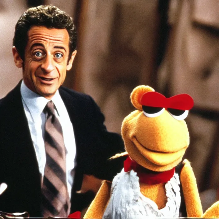 Image similar to movie still of Nicolas Sarkozy in the muppet show, grainy picture cinemastill 800t 70s movie 18mm