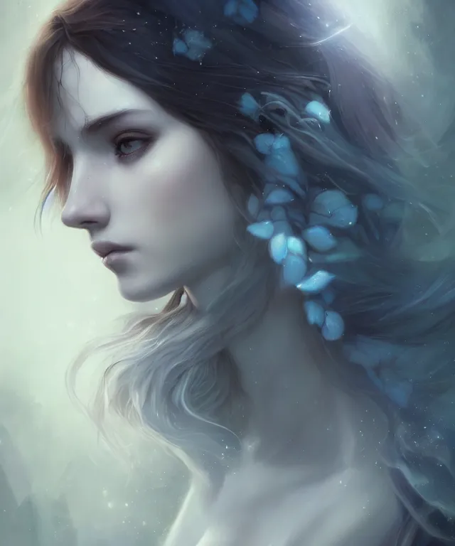 Prompt: sadness by charlie bowater and titian and artgerm, full - body portrait, intricate, face, forest, elegant, blue mist, beautiful, highly detailed, dramatic lighting, sharp focus, trending on artstation, artstationhd, artstationhq, unreal engine, 4 k, 8 k