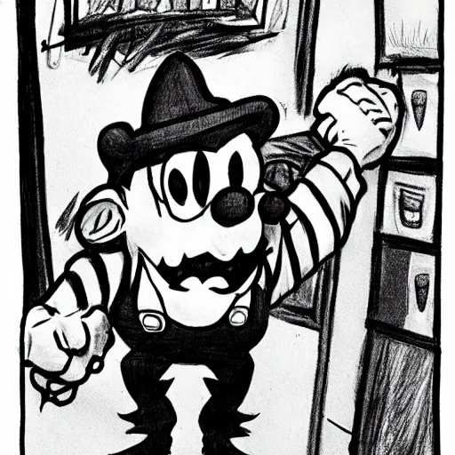 Prompt: a Pop Wonder scary horror themed goofy-hilarious-character MarioWarioWaluigi, dime-store-comic drawn with charcoal and pen and ink, half-tone-line-stacking