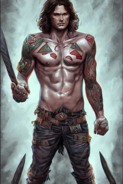 Image similar to portrait of attractive sam winchester as a rogue warrior, muscular chest tattooed with runes and symbols, d & d!, fantasy style, sharp focus!, ultra detailed, art by artgerm and peter andrew jones, wlop