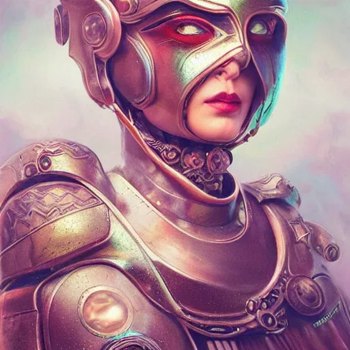 Image similar to tom bagshaw, rainbow lighting world curiosities carnival stars, photorealistic medium shot soft paint of a single very beautiful thicc female full long cyberpunk metallic armor ornate helmet face, accurate features, focus, very intricate ultrafine details, award winning masterpiece