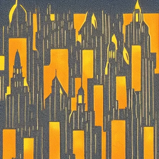 Image similar to Print. A beautiful, but eerie, illustration of a cityscape at night. The buildings are all tall and thin, and they are lit up by a strange light. The sky is deep and dark and there are no stars to be seen. DayGlo orange, ivory by Anne Geddes ghastly