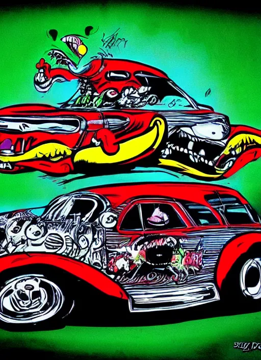 Prompt: rat fink driving his hot rod by ed big daddy roth