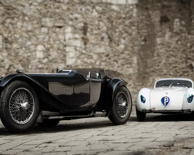 Image similar to a single bugatti type 5 7 sc atlantic and tesla roadster hybrid, dslr, cinematic, photorealistic, hyperdetailed