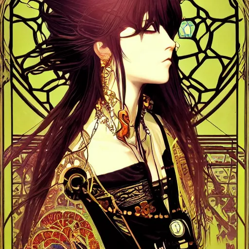 Image similar to detailed portrait dark girl of cyberpunk wizard, wizard magic staff, elite, elegant, concept art, intricate complexity, by shigenori soejima, krenz cushart, alphonse mucha, takato yamamoto, rule of thirds, 4 k, beautiful, cinematic dramatic atmosphere