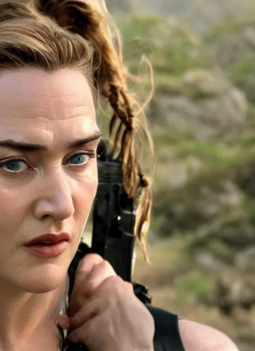 Prompt: a film still of kaye winslet as lara croft, sweat, direct sun light, close up potrait, cinematic,