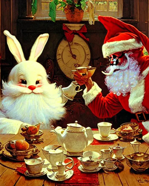 Prompt: easter bunny and santa having tea at high noon, painting by gaston bussiere, craig mullins, j. c. leyendecker, norman rockwell