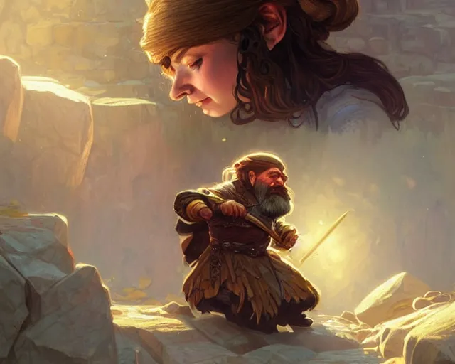 Image similar to illustration of a dwarf trading gems with a halfling deep focus, intricate, elegant, highly detailed, digital painting, artstation, concept art, matte, sharp focus, illustration, art by artgerm and greg rutkowski and alphonse mucha