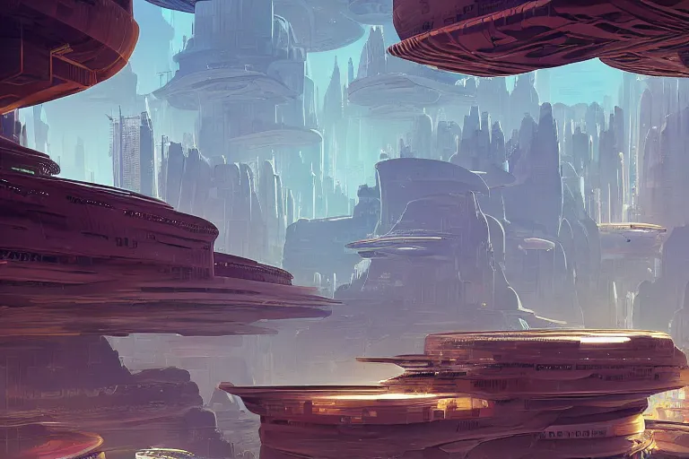 Prompt: a matte painting of a solarpunk city floating above a canyon by syd mead and peter mohrbacher and james gilleard in the style of hugh ferriss
