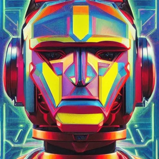 Image similar to portrait of a colourful tribal mecha robot, symmetrical, painting by drew struzan,