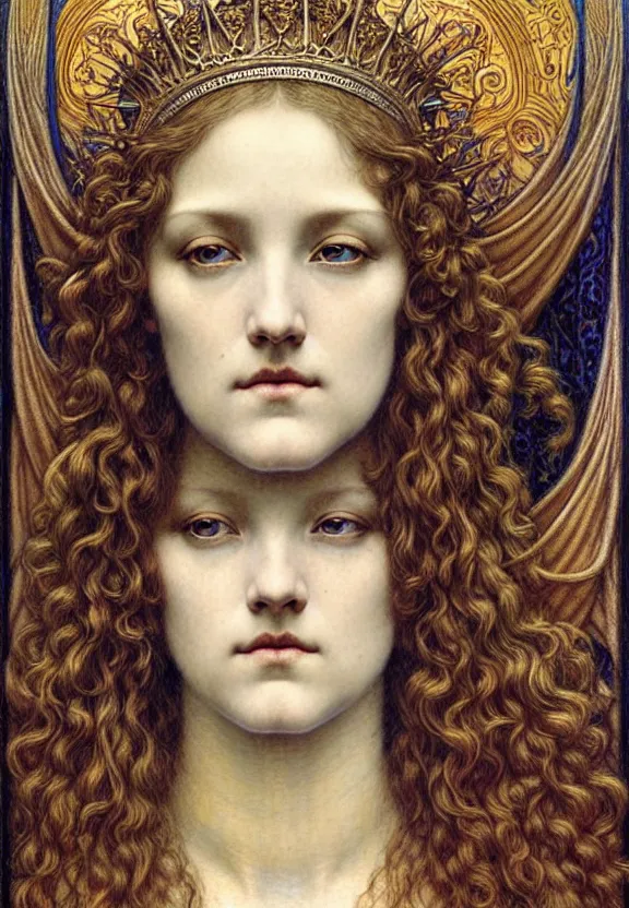 Image similar to detailed realistic beautiful young medieval queen face portrait by jean delville, gustave dore and marco mazzoni, art nouveau, symbolist, visionary, gothic, pre - raphaelite. horizontal symmetry