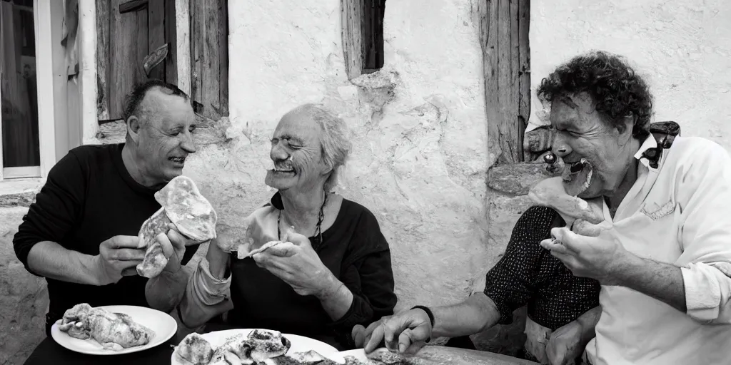 Image similar to cat sharing mortadella with his happy owner at a trullo house, photoreal, 3 5 mm, award winning photography