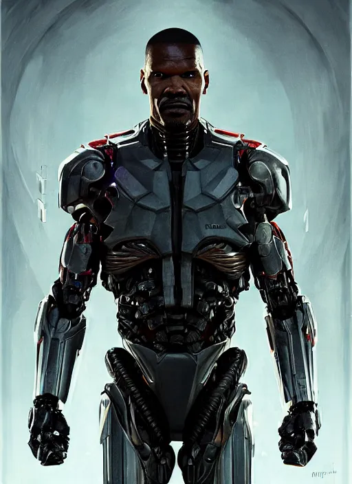 Image similar to jamie foxx as victor stone, full body concept, cyborg, borg, strogg, face of a man, terminator, flesh, quake strogg, doom demon, wolfenstein, monstrous, powerful, symmetry, symmetrical, concept art by ruan jia and greg rutkowski