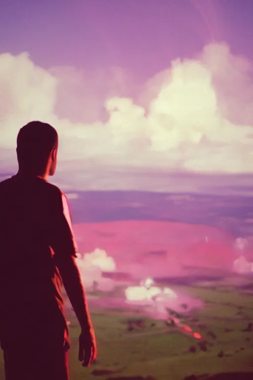 Prompt: agfa vista 4 0 0 photograph of a guy on top of a hill looking at a mushroom cloud explosion in the distance, back view, synth vibe, vaporwave colors, lens flare, moody lighting, moody vibe, telephoto, 9 0 s vibe, blurry background, grain, tranquil, calm, faded!,