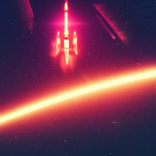 Image similar to rocket ship in space running into a comet, photo realistic, 8k, artstation, Blade runner, neon signs in the distance, dark, cinematic, high contrast, epic