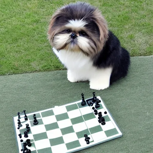 Image similar to cute shi tzu playing chess