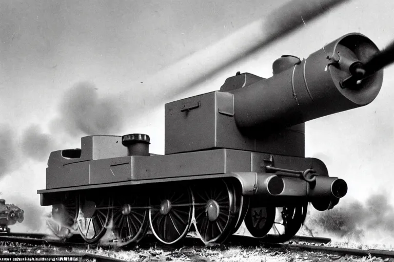 Image similar to WW2 era photograph, the face of Thomas the tank engine attached to a 800mm German super-heavy-mortar with a huge gun barrel shooting, there are german soldiers running around