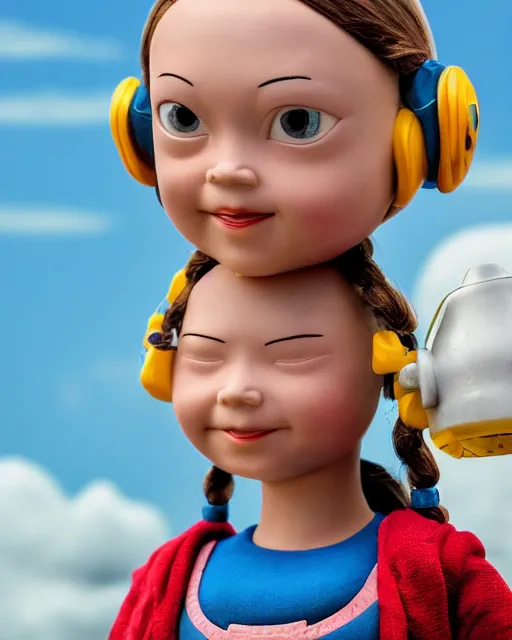 Image similar to closeup face profile portrait of a tin toy greta thunberg as a spacegirl standing next to a saucer - shaped vehicle, bikini, depth of field, zeiss lens, fashion photoshoot by nicoletta ceccoli, mark ryden, lostfish, breathtaking, detailed and intricate environment, 8 k resolution, extremely detailed, beautiful, establishing shot, artistic, hyperrealistic, octane render