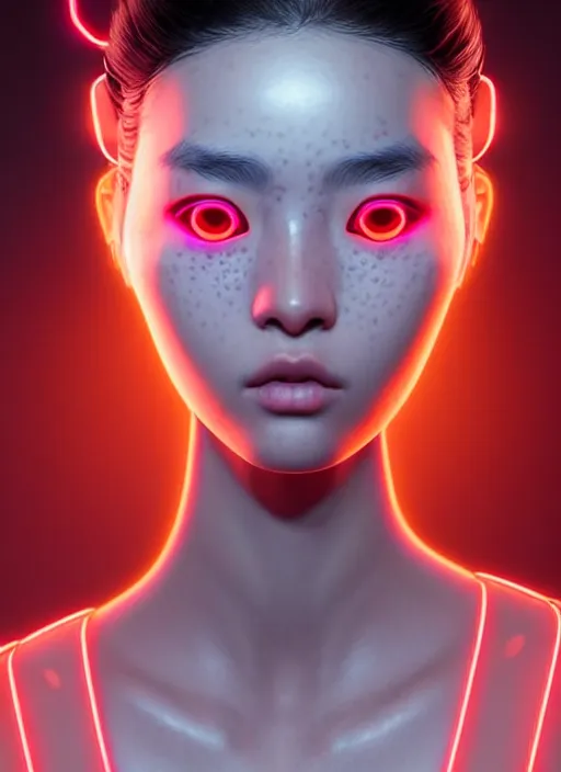 Image similar to photorealistic portrait of oriental female humanoid with freckle cheeks, cyber neon lightings, intricate, cyberpunk high fashion, elegant, crispy quality, digital photography, trending in artstation, trending in pinterest, glamor pose, no signature, no watermark, cinematic, octane render, art by artgerm, art by greg rutkowski, art by pascal blanche