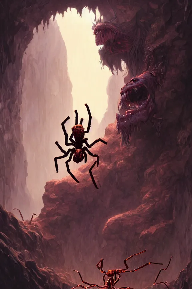 Prompt: portrait of a cave spider, dungeons and dragons, savage monster, intricate, fantasy, extremely detailed, digital painting, artstation, concept art, smooth, sharp focus, illustration, ambient lighting, art by artgerm and greg rutkowski and alphonse mucha and simon stalenhag