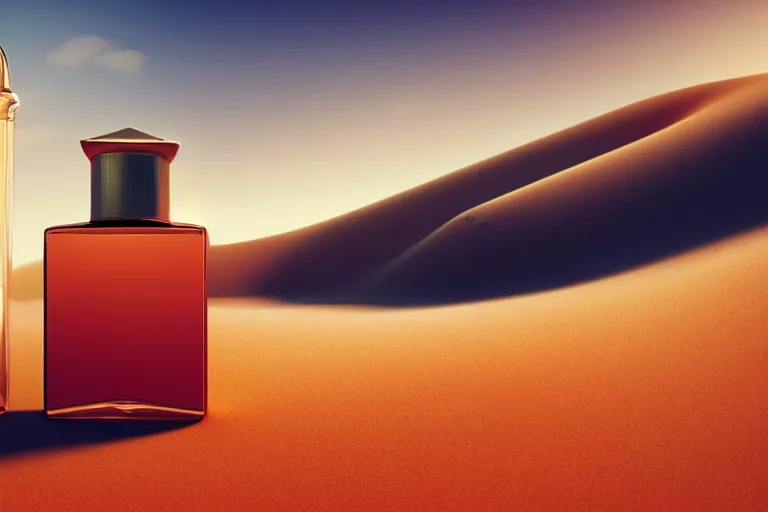 Image similar to perfume bottle buried in a sandy dreamy dune, marmelade orange colors, dramatic, mid day, sand dune background, large scale, hyperrealistic, lots of detail, realistic lighting, octane render, by wlop, artgerm, trending on artstation