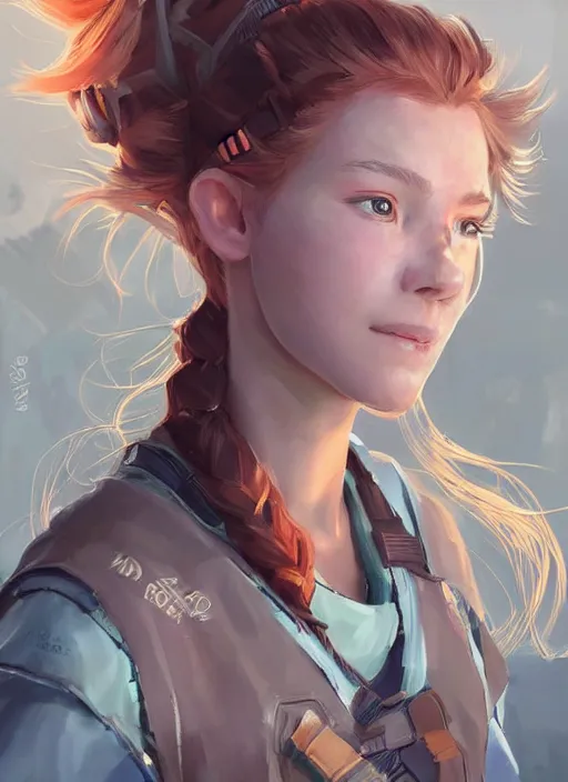 Image similar to a portrait digital painting of a young girl that looks a bit like aloy from horizon : new dawn. she's wearing a mechanics uniform and has been working on some large machinery. factory background, heavy machines. electronics. concept art. trending on artstation. painted by artgerm, ross tran.