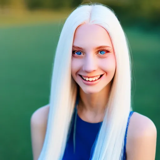 Image similar to beautiful portrait of a cute thin young woman smiling smugly, long light platinum blonde hair, flushed face, blue eyes, golden hour, 8 k, portra 4 0 0