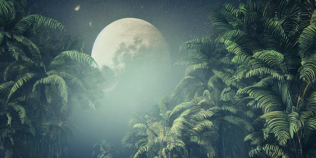 Image similar to beautiful landscape of a tropical moon, trending on art station, photoreal, 8k, octane render