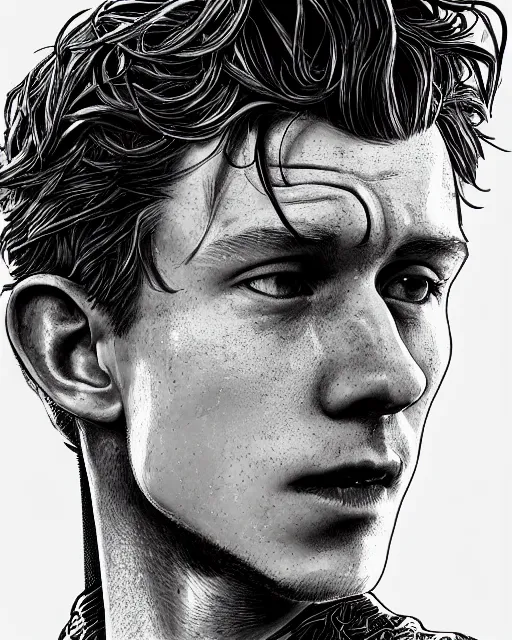 Image similar to closeup portrait of tom holland, an ultrafine detailed illustration by james jean, intricate linework, bright colors, final fantasy, behance contest winner, vanitas, angular, altermodern, unreal engine 5 highly rendered, global illumination, radiant light, detailed and intricate environment
