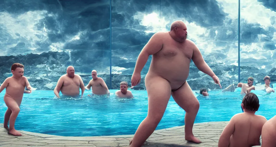 Image similar to digital art painting of exactly three adult brothers and their slightly overweight older father in an icelandic swimming pool , unreal 5, DAZ, hyperrealistic, octane render, volumetric clouds dynamic lighting