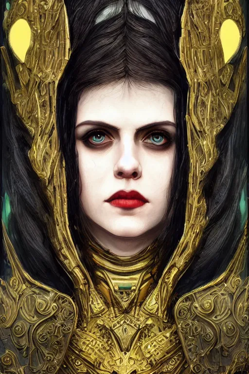 Image similar to portrait of beautiful gothic Alexandra Daddario, cyberpunk, Warhammer, highly detailed, artstation, illustration, art by Gustav Klimt