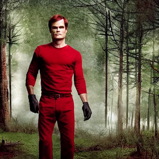 Prompt: Dexter Morgan dressed in red, hiding in the bushes, dreamy landscape