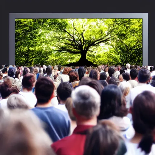 Image similar to a large crowd of people looking up at a large screen with tree displayed