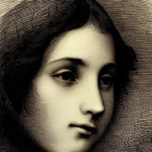 Prompt: extreme close-up, portrait of a young french woman from modern days, Gustave Dore lithography