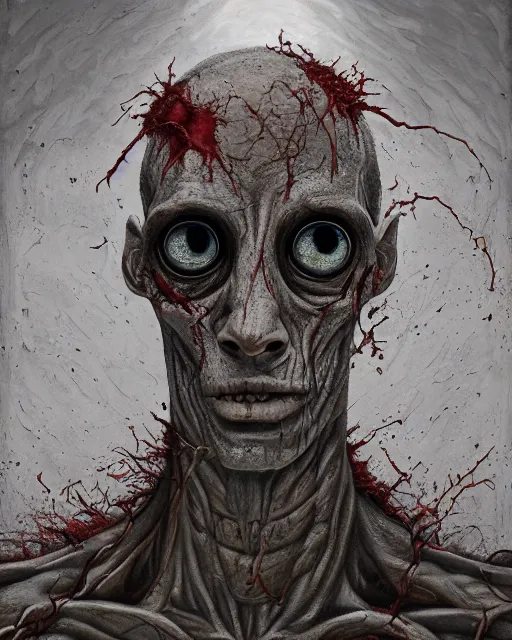 Image similar to Haunting horrifying hyperrealistic detailed painting of a tall slim flesh extraterrestrial creature made of concrete stone brick, covered in, heavy metal, disgusting, creepy, unsettling, and bloodshot eyeballs, hyper detailed, trending on Artstation