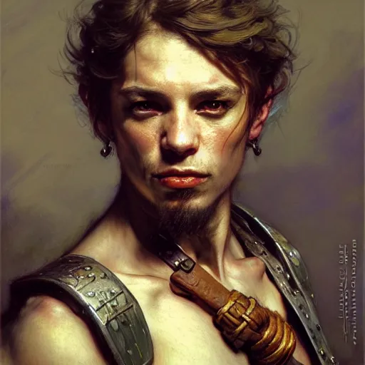 Image similar to highly detailed portrait of a poor rogue in the form of a beautiful male halfling. d & d. art by donato giancola, eugene delacroix, ruan jia, carl larsson, peter mohrbacher. trending on artstation, intricate details, energetic composition, concept art, illustration, elegant art, global illumination