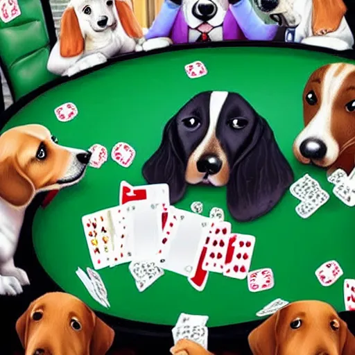 Image similar to Dogs playing poker wearing funny hats