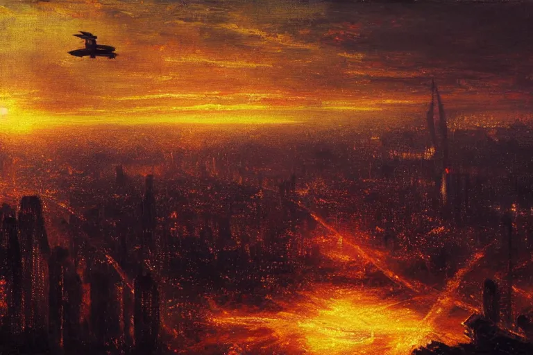 Prompt: Flying cars over Blade Runner City at sunset by Turner and Thomas Cole, neon lights, Impressionism, Romanticism, hyper detailed