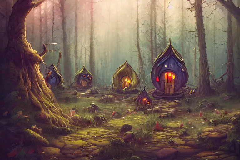 Prompt: detailed painting of fairy huts in the moosy forest clearing, in the style of peter mohrbacher, james jean, artgerm, dramatic lighting and composition, surreal background, octane render, pixar, trending on artstation, concept art, comic book, 8 k