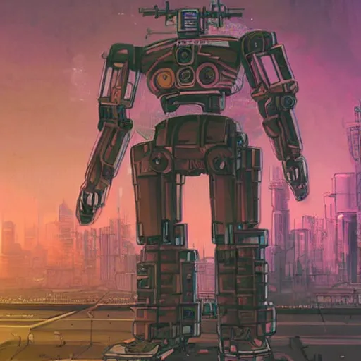 Prompt: a giant robot corpse that was repurposed into a booming city, set in the distant future, steampunk, cyberpunk, warm lights, anime, vhs distortion