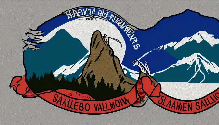 Image similar to A flag representing Idaho's Salmon River mountain valley, vector graphic, vexillology, cobalt and white color scheme,