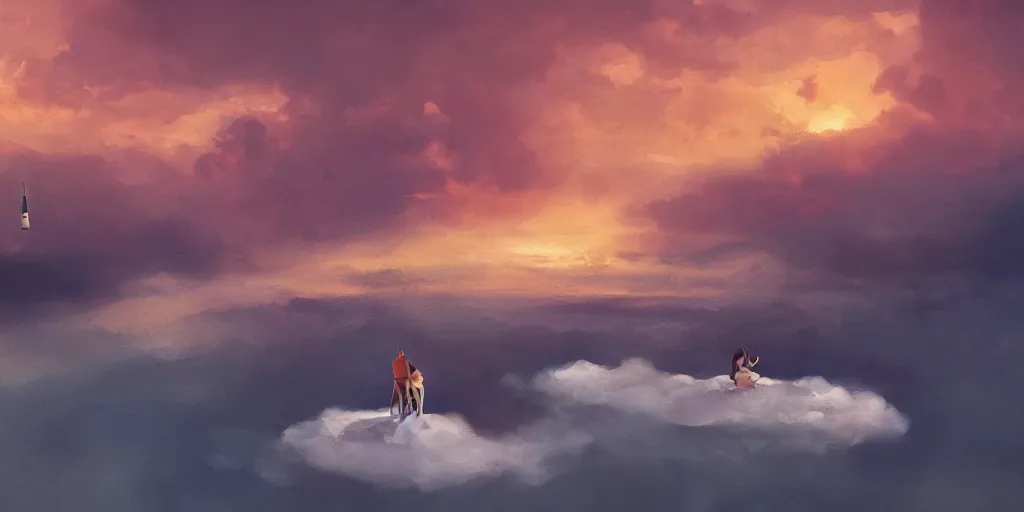 Prompt: a couple floating alone on a cloud having a drink of Champaign high in the sky above Sint-Marteen, artstation, matte painting, goldenhour,