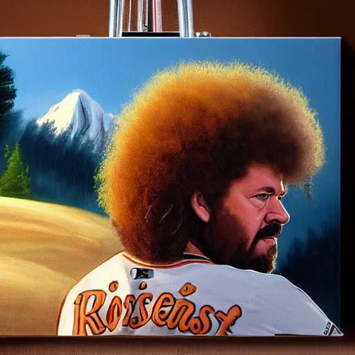 Image similar to a closeup photorealistic photograph of bob ross crafting an image of kenny powers baseball, a painting on a canvas. mountains and trees. film still. brightly lit scene. this 4 k hd image is trending on artstation, featured on behance, well - rendered, extra crisp, features intricate detail, epic composition and the style of unreal engine.